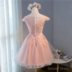 Pink Lovely Cap Sleeves Knee Length Prom Dress, Pink Tulle Prom Dresses