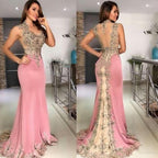 Pink Mermaid Applique Beaded Long Prom Dresses