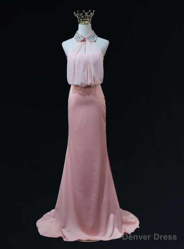 Pink Mermaid Halter Beading Backless Prom Dresses