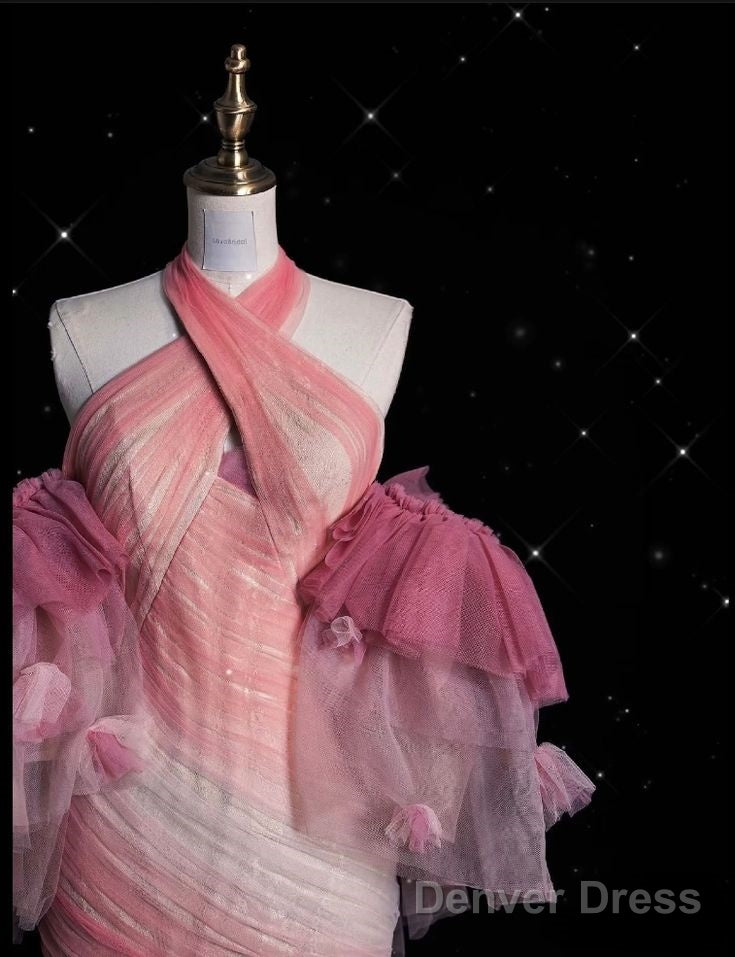 Pink Mermaid Halter Neck Tulle Long Prom Dress Sweet 16 Dress