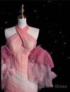 Pink Mermaid Halter Neck Tulle Long Prom Dress Sweet 16 Dresses