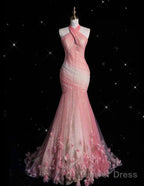 Pink Mermaid Halter Neck Tulle Long Prom Dress Sweet 16 Dresses