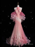 Pink Mermaid Halter Neck Tulle Long Prom Dress Sweet 16 Dresses