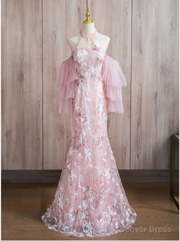Pink Mermaid Lace Halter Prom Dresses Main image