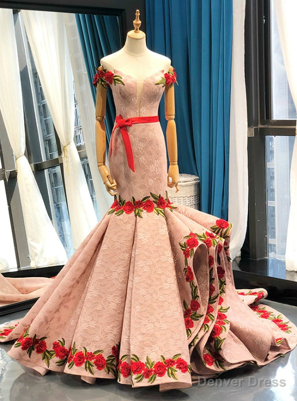 Pink Mermaid Lace Red Appliques Off The Shoulder Prom Dresses With Sash Main image