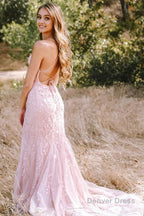 Pink Mermaid Long Prom Dresses with Appliques