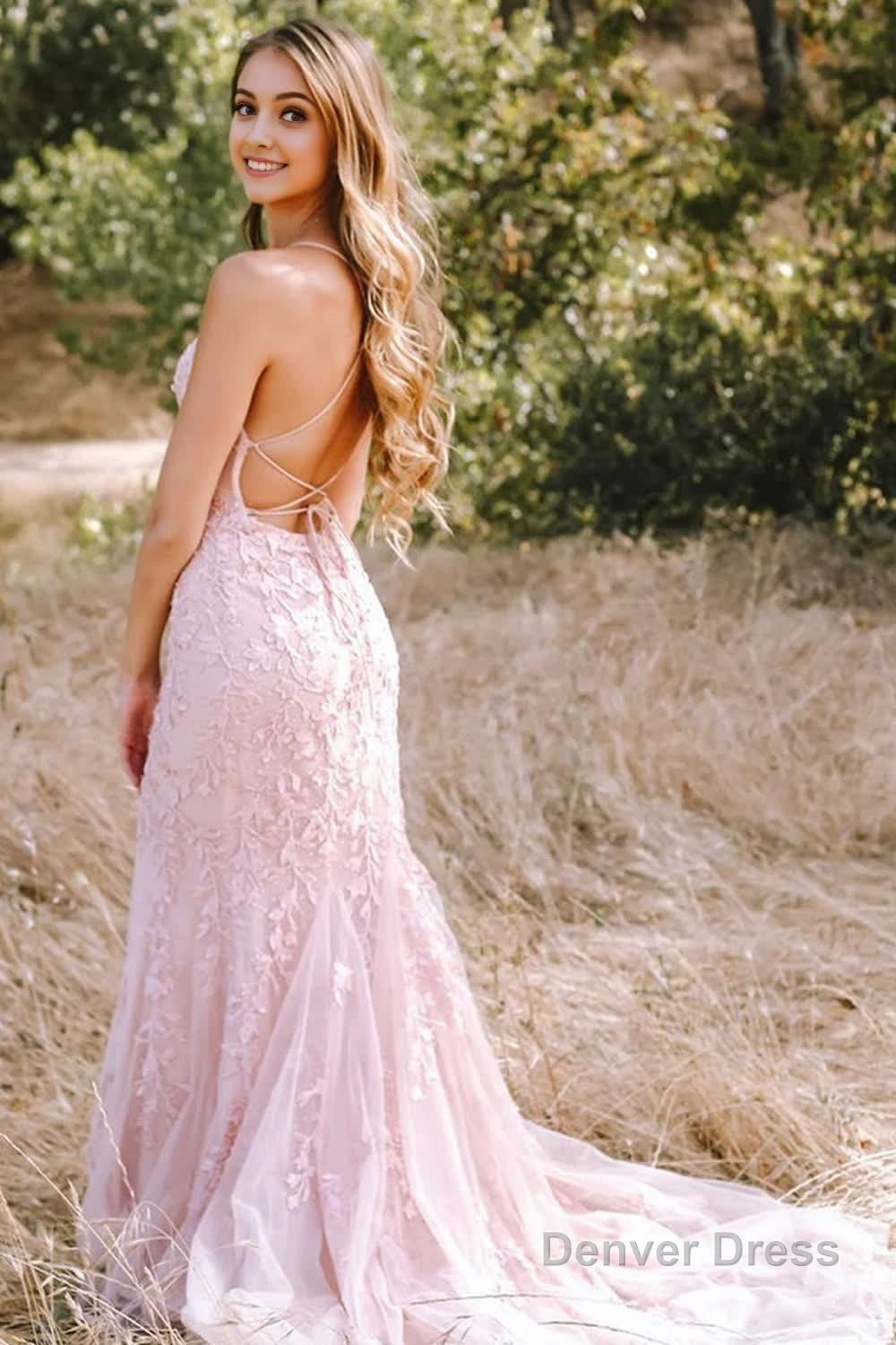 Pink Mermaid Long Prom Dresses with Appliques