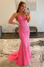 Pink Mermaid Long Prom Dresses with Appliques