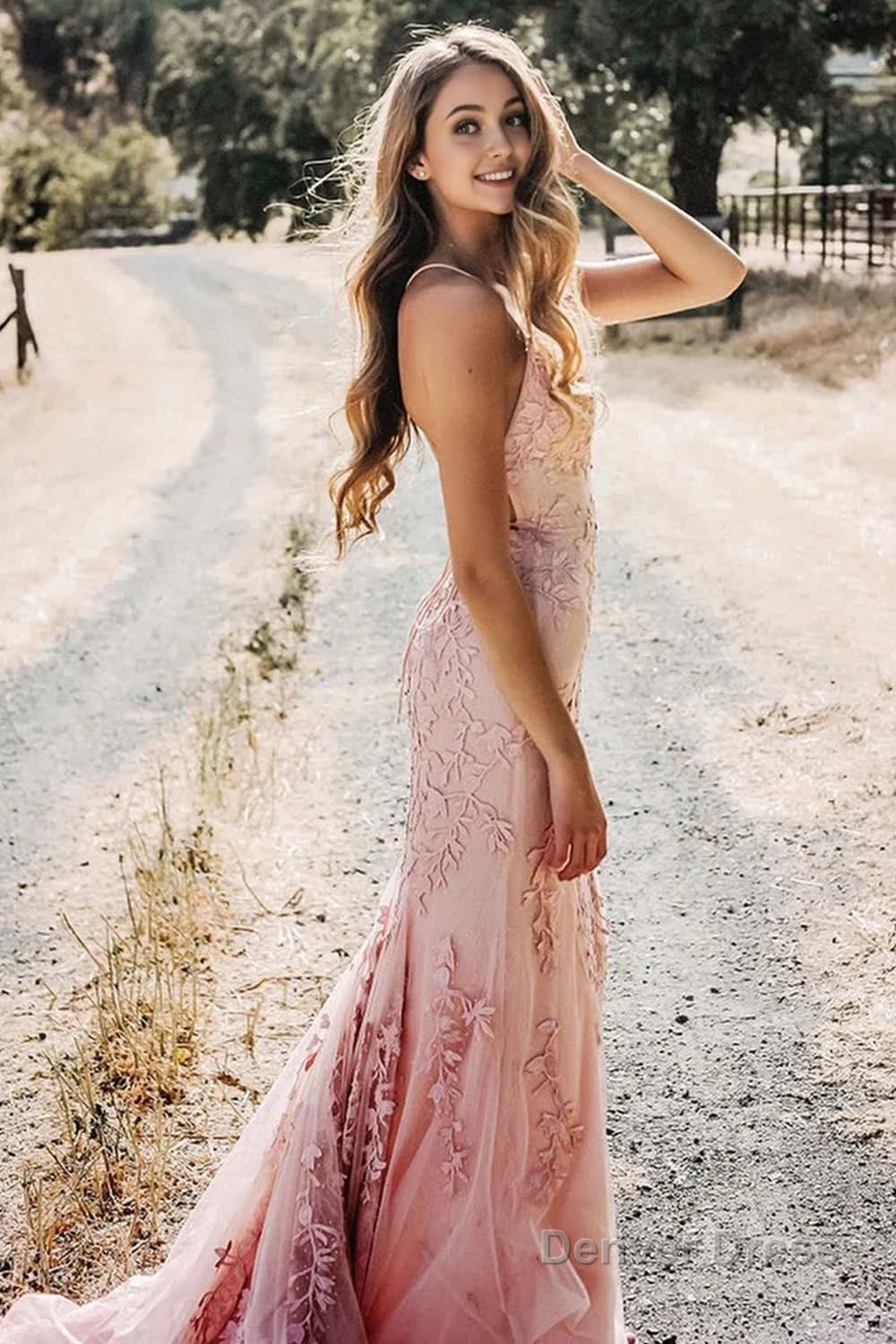 Pink Mermaid Long Prom Dresses with Appliques Main image