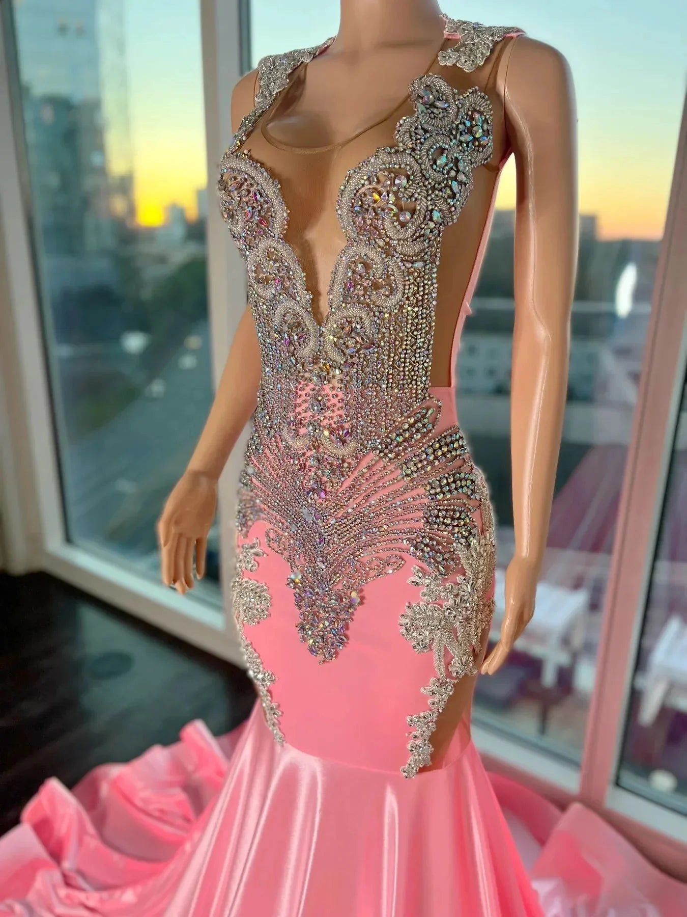 Pink Gorgeous Exquisite Beaded Elegant Stunning Mermaid Long Satin Floor Length Train Prom Dress Prom Gowns Prom Dresses Secondary image