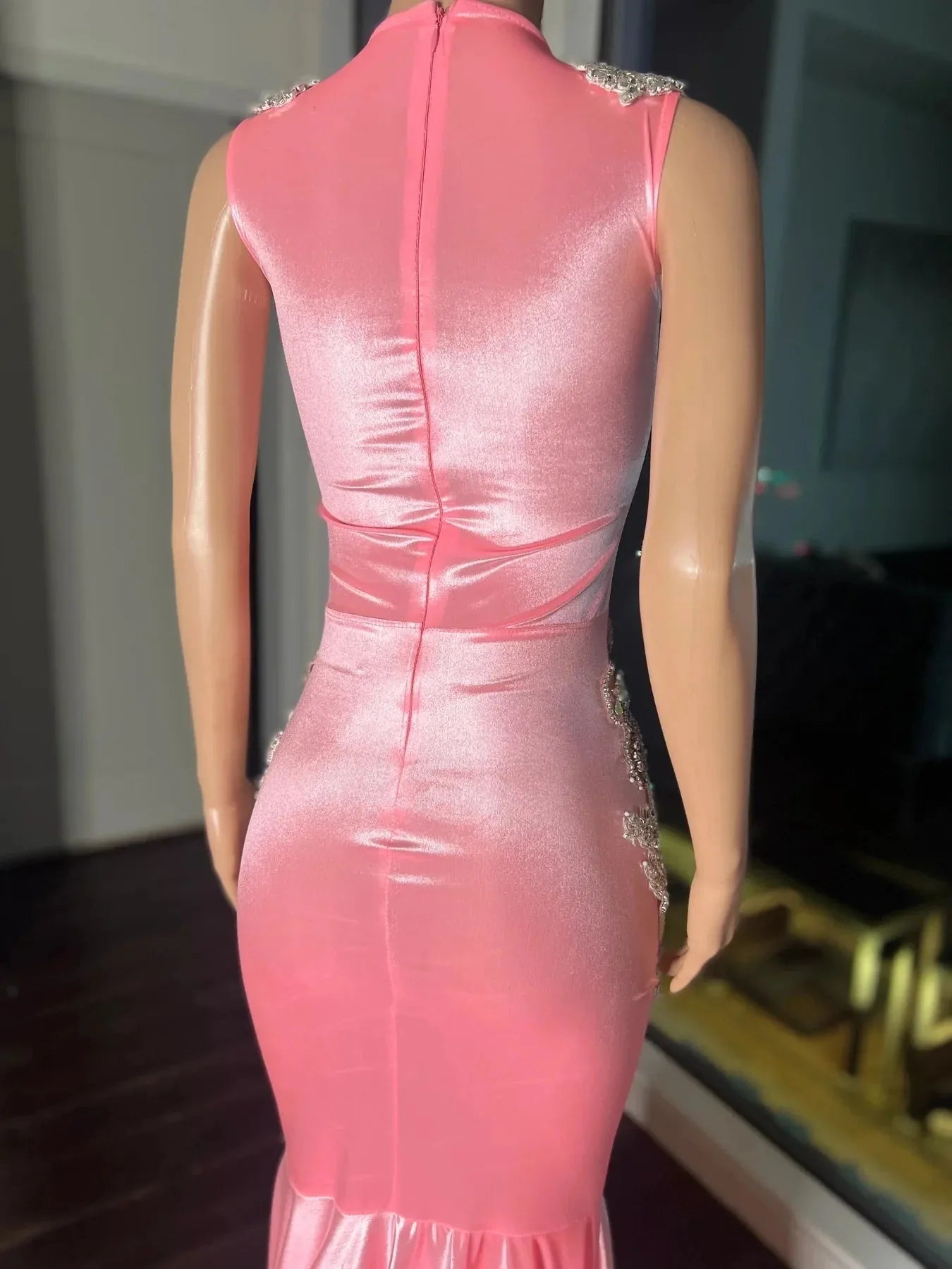 Pink Gorgeous Exquisite Beaded Elegant Stunning Mermaid Long Satin Floor Length Train Prom Dress Prom Gowns Prom Dresses