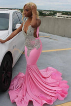 Pink Gorgeous Exquisite Beaded Elegant Stunning Mermaid Long Satin Floor Length Train Prom Dress Prom Gowns Prom Dresses