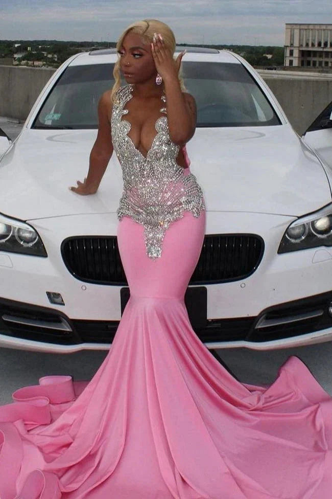 Pink Gorgeous Exquisite Beaded Elegant Stunning Mermaid Long Satin Floor Length Train Prom Dress Prom Gowns Prom Dresses