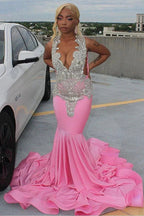 Pink Gorgeous Exquisite Beaded Elegant Stunning Mermaid Long Satin Floor Length Train Prom Dress Prom Gowns Prom Dresses