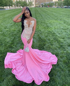 Pink Gorgeous Exquisite Beaded Elegant Stunning Mermaid Long Satin Floor Length Train Prom Dress Prom Gowns Prom Dresses