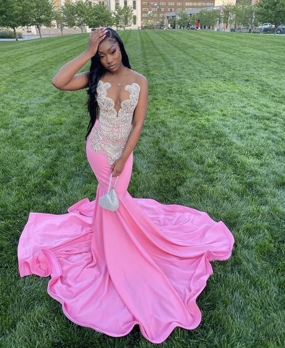 Pink Gorgeous Exquisite Beaded Elegant Stunning Mermaid Long Satin Floor Length Train Prom Dress Prom Gowns Prom Dresses