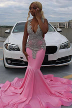 Pink Gorgeous Exquisite Beaded Elegant Stunning Mermaid Long Satin Floor Length Train Prom Dress Prom Gowns Prom Dresses