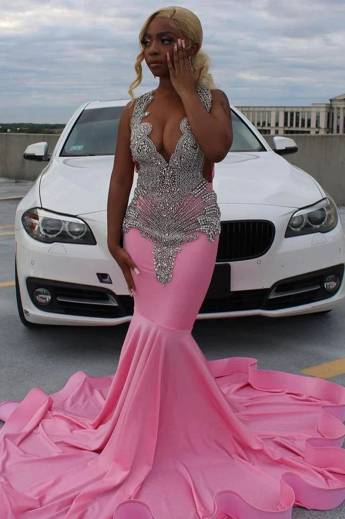 Pink Gorgeous Exquisite Beaded Elegant Stunning Mermaid Long Satin Floor Length Train Prom Dress Prom Gowns Prom Dresses