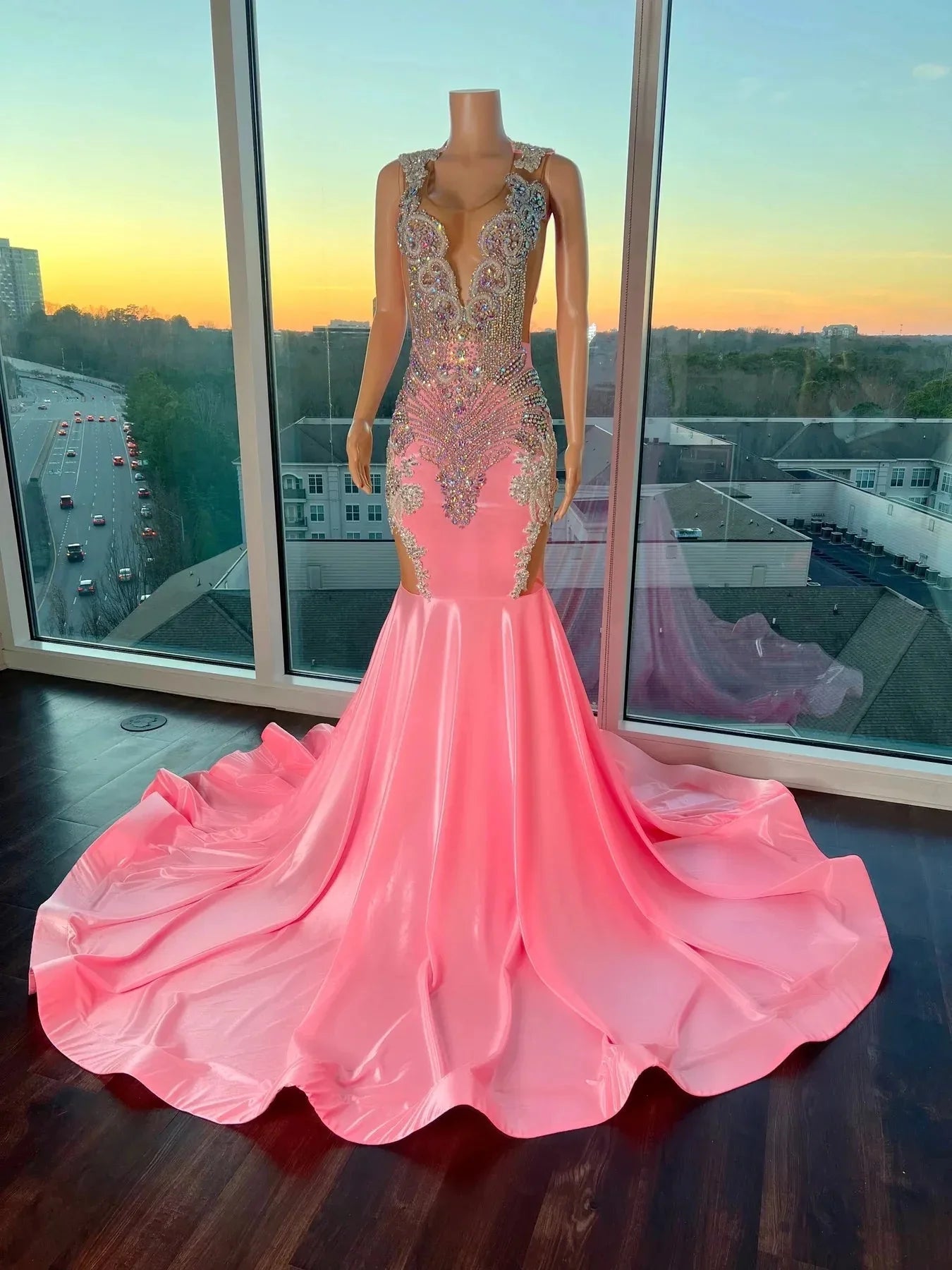 Pink Gorgeous Exquisite Beaded Elegant Stunning Mermaid Long Satin Floor Length Train Prom Dress Prom Gowns Prom Dresses Main image