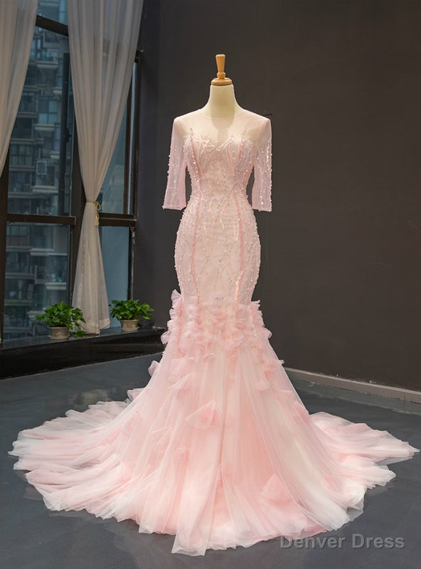 Pink Mermaid Long Sleeve Backless Beading Sequins Prom Dresses