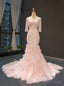Pink Mermaid Long Sleeve Backless Beading Sequins Prom Dresses