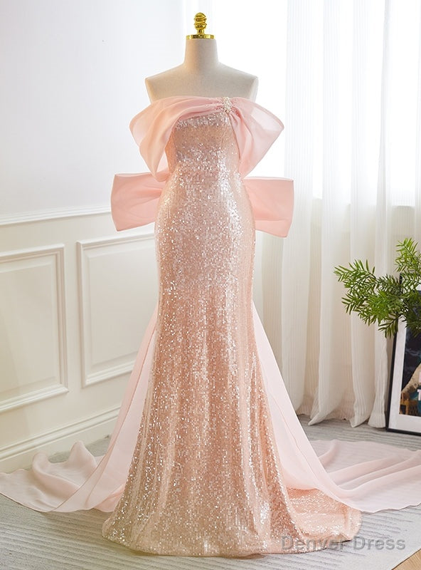 Pink Mermaid Off the Shoulder Prom Dresses With Bow Main image