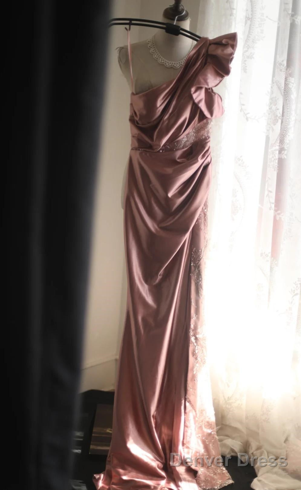 Pink Mermaid One Shoulder Satin Beaded Sequin Long Prom Dress Bridal Dresses