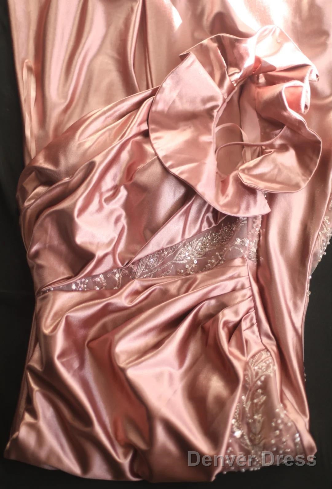 Pink Mermaid One Shoulder Satin Beaded Sequin Long Prom Dress Bridal Dress