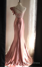 Pink Mermaid One Shoulder Satin Beaded Sequin Long Prom Dress Bridal Dress