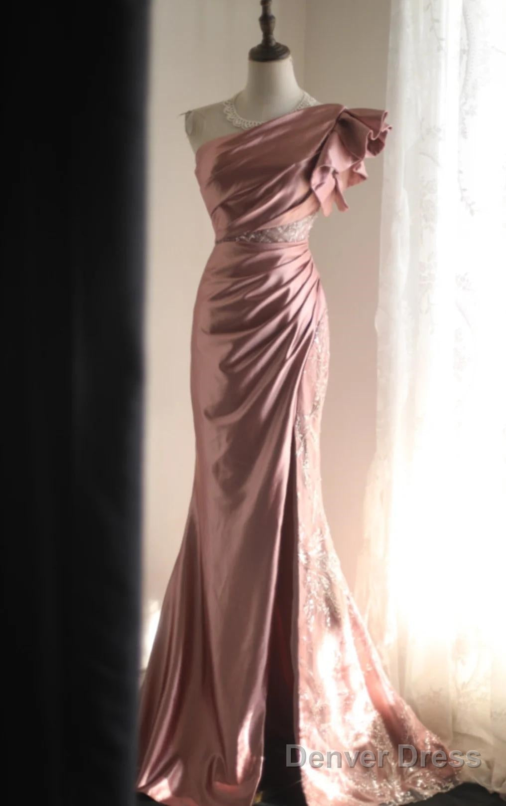Pink Mermaid One Shoulder Satin Beaded Sequin Long Prom Dress Bridal Dresses
