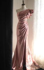 Pink Mermaid One Shoulder Satin Beaded Sequin Long Prom Dress Bridal Dresses