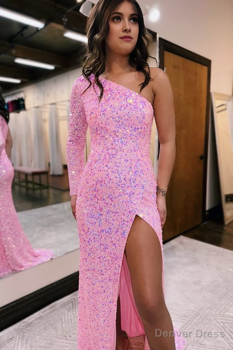Pink Mermaid One Shoulder Sequins Prom Dresses Secondary image