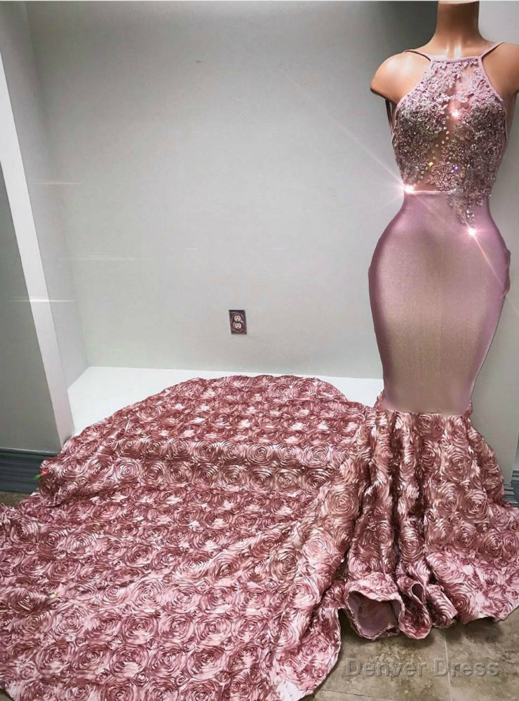 Pink Mermaid Satin Halter See Through Prom Dress With Train Main image