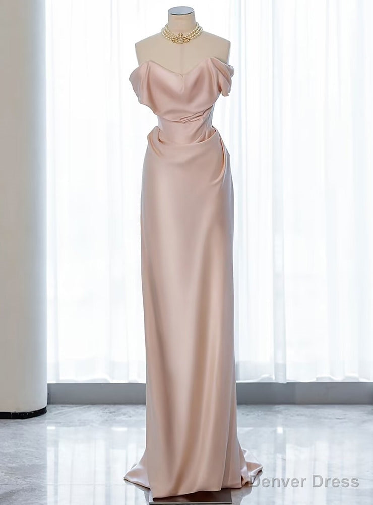 Pink Mermaid Satin Off the Shoulder Pleats Prom Dresses Main image