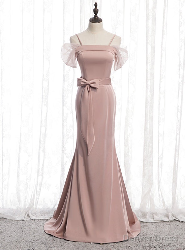 Pink Mermaid Satin Spagehtti Straps Prom Dresses With Sash Main image