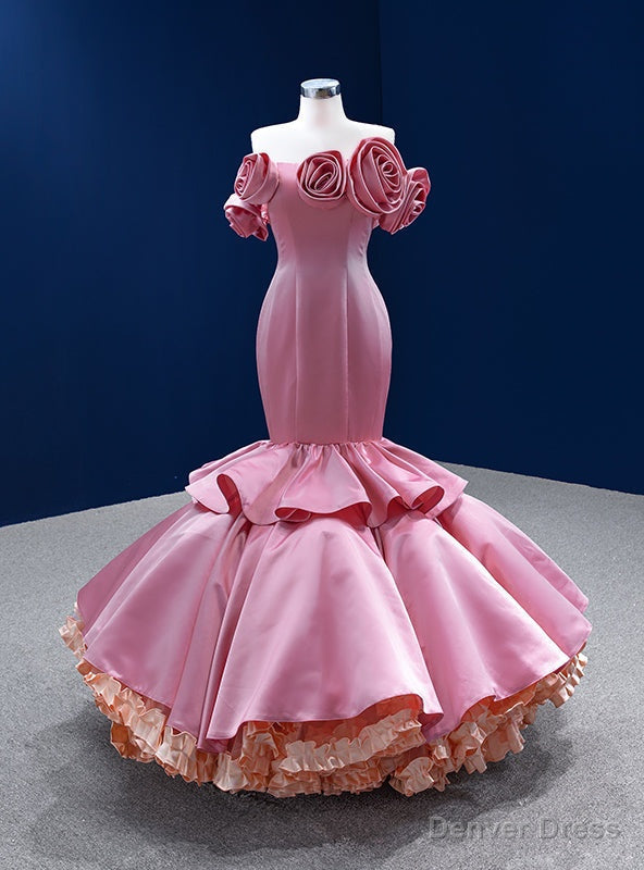 Pink Mermaid Satin Strapless Flower Prom Dresses Main image