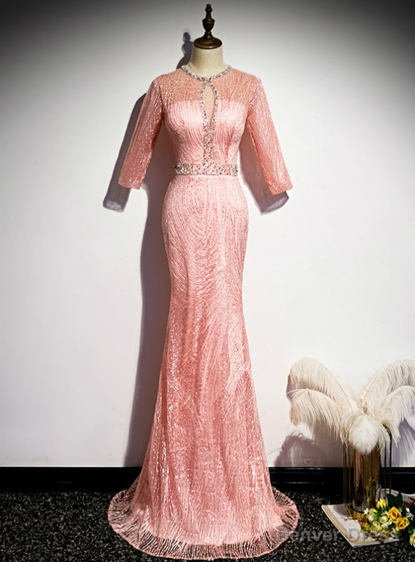 Pink Mermaid Short Sleeve Beading Prom Dresses Main image