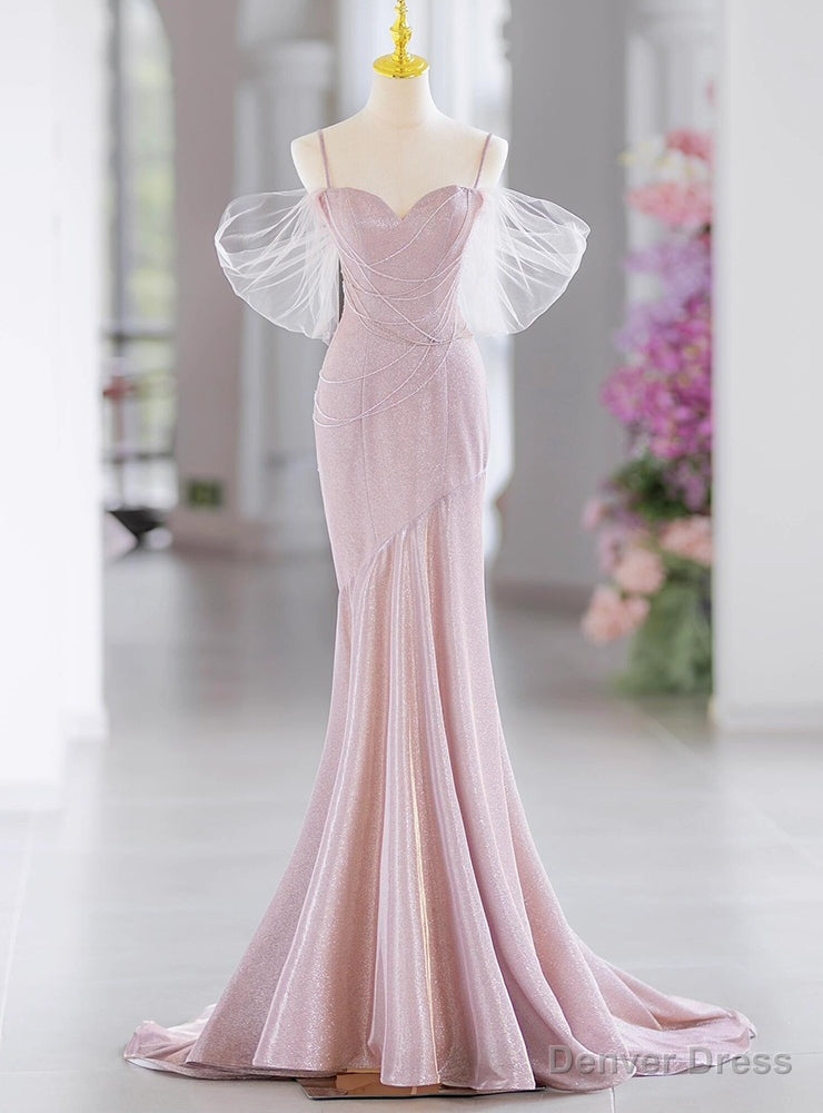 Pink Mermaid Spaghetti Straps Beading Prom Dresses