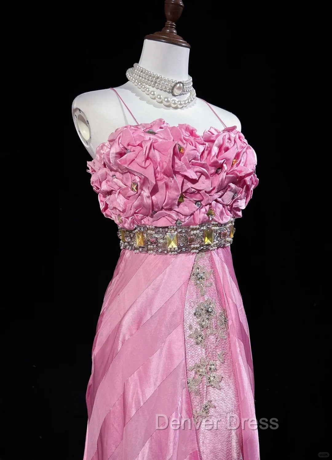 Pink Mermaid Spaghetti Straps Satin Beaded Long Prom Dresses Beautiful Bridal Dresses