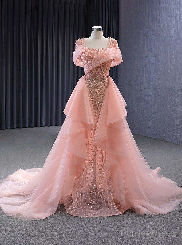 Pink Mermaid Square Neck Sequins Pearls Prom Dress Main image