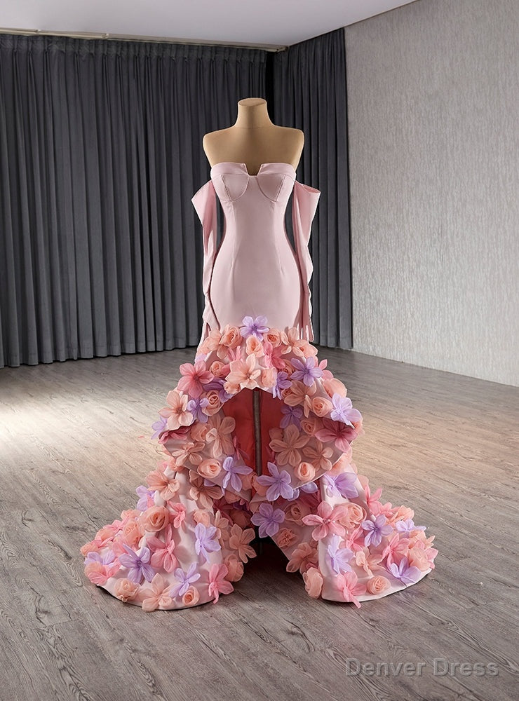 Pink Mermaid Strapless Flower Prom Dresses