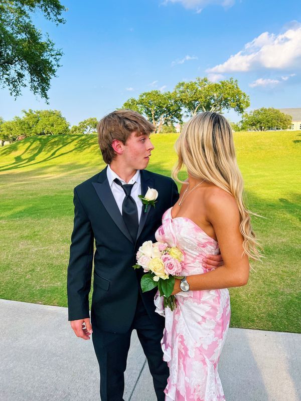 Pink Mermaid Strapless Print Floral Prom Dress Prom Dress