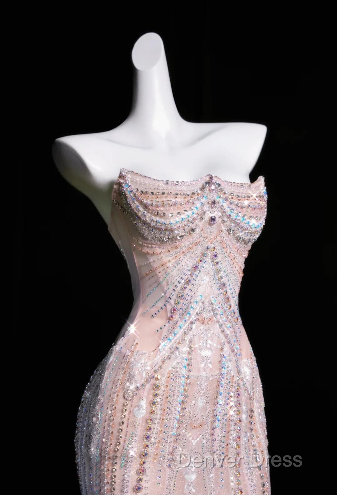 Pink Mermaid Strapless Tulle Diamond Long Prom Dresses Sweet Wedding Dresses Formal Dresses Secondary image