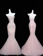 Pink Mermaid Strapless Tulle Diamond Long Prom Dresses Sweet Wedding Dresses Formal Dresses