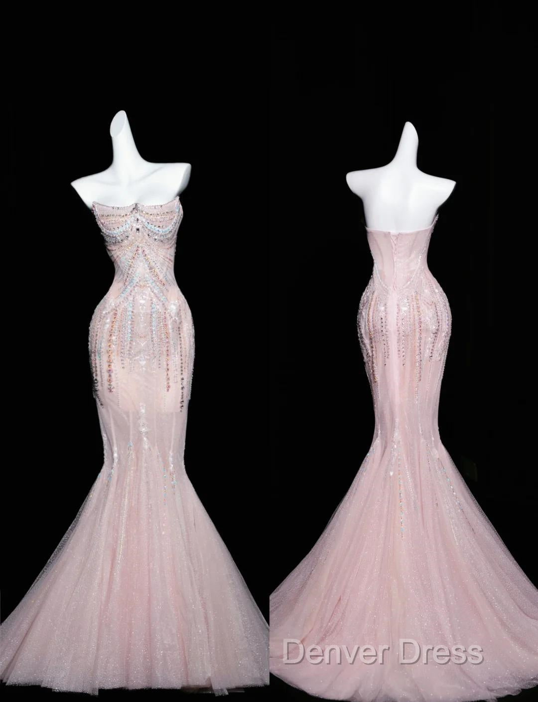 Pink Mermaid Strapless Tulle Diamond Long Prom Dresses Sweet Wedding Dresses Formal Dresses