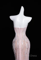 Pink Mermaid Strapless Tulle Diamond Long Prom Dress Sweet Wedding Dress Prom Dresses