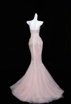 Pink Mermaid Strapless Tulle Diamond Long Prom Dresses Sweet Wedding Dresses Formal Dresses