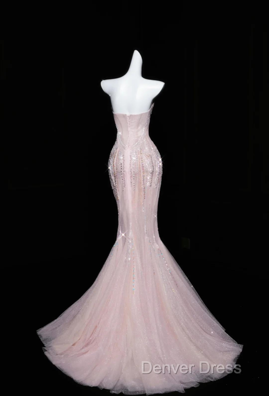 Pink Mermaid Strapless Tulle Diamond Long Prom Dress Sweet Wedding Dress Prom Dresses