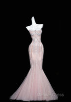 Pink Mermaid Strapless Tulle Diamond Long Prom Dresses Sweet Wedding Dresses Formal Dresses