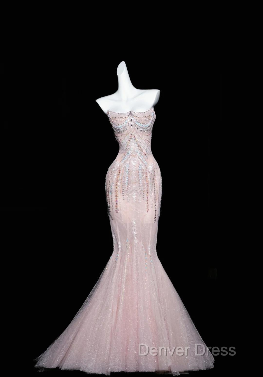 Pink Mermaid Strapless Tulle Diamond Long Prom Dresses Sweet Wedding Dresses Formal Dresses
